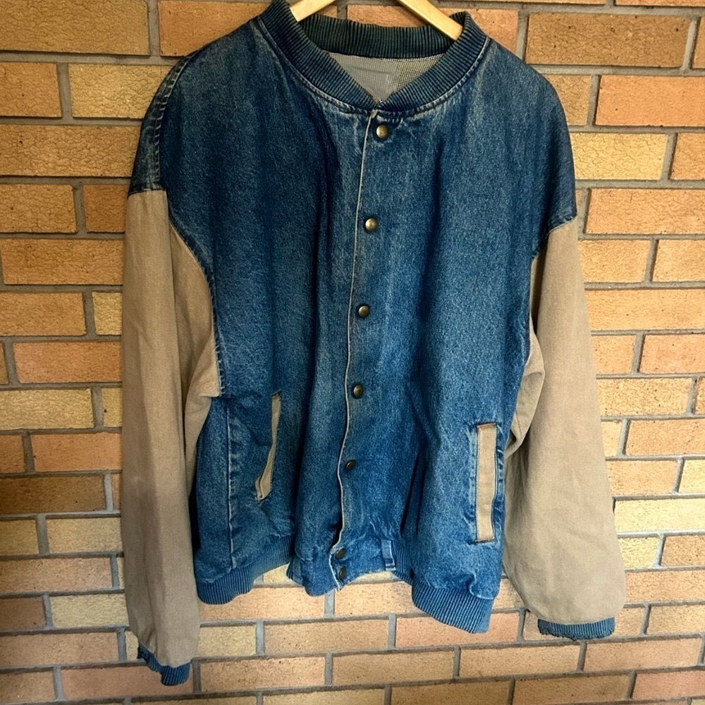 Vintage Three Rivers Denim Bomber Varsity Button Jacket Canvas Sleeves Size XL
